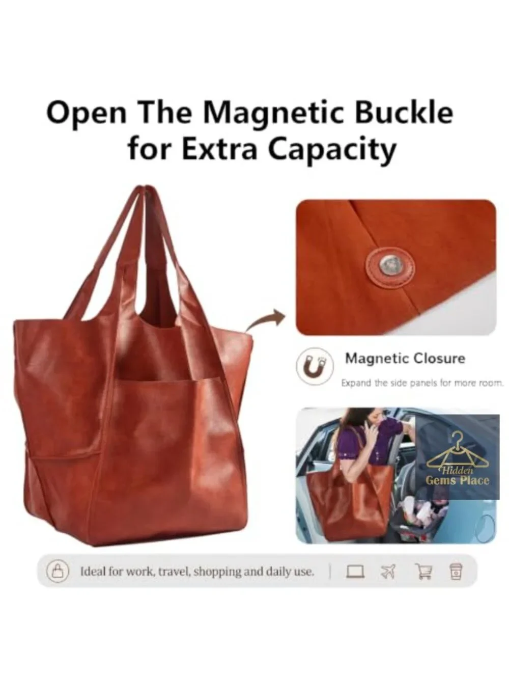 Oversized PU Leather Hobo Tote Bag Huge Capacity Work Travel